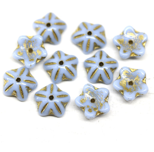 10mm Blue Flower Czech glass bell cap beads, golden inlays, 10Pc