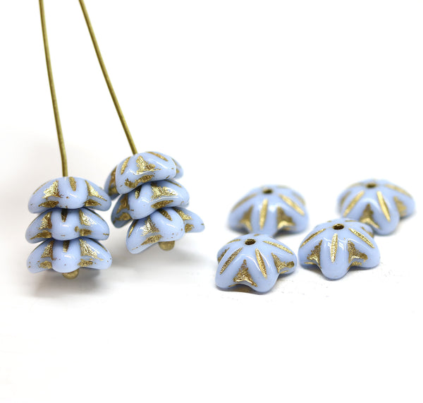 10mm Blue Flower Czech glass bell cap beads, golden inlays, 10Pc