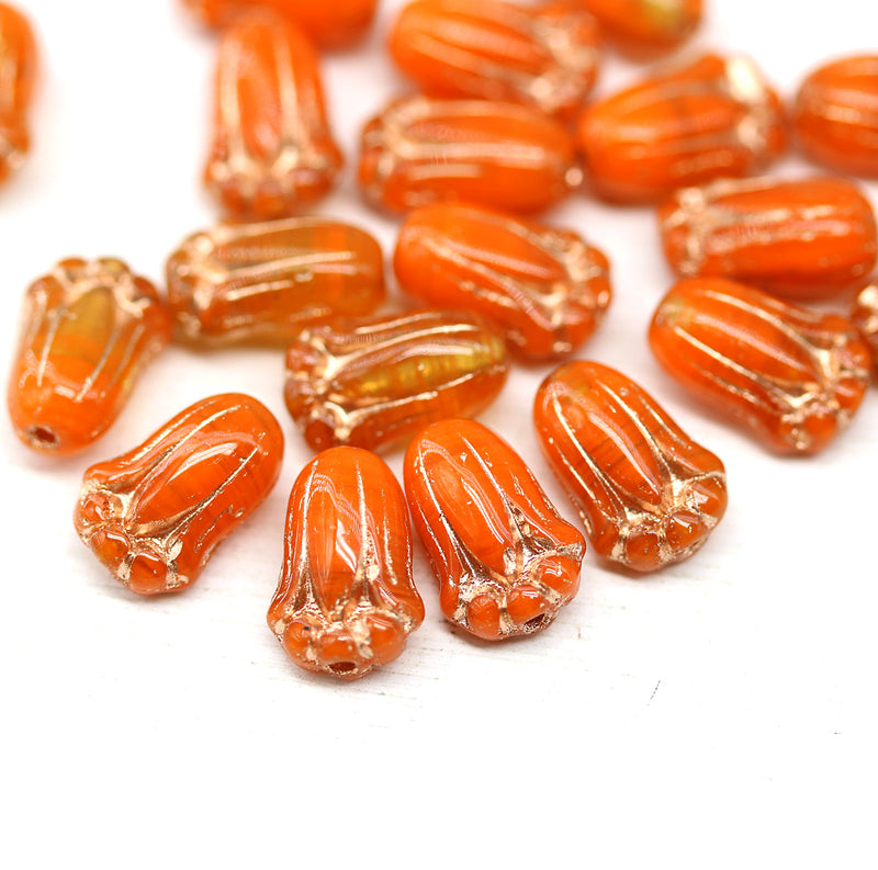 12x8mm Dark orange tulip Czech glass beads, 20Pc