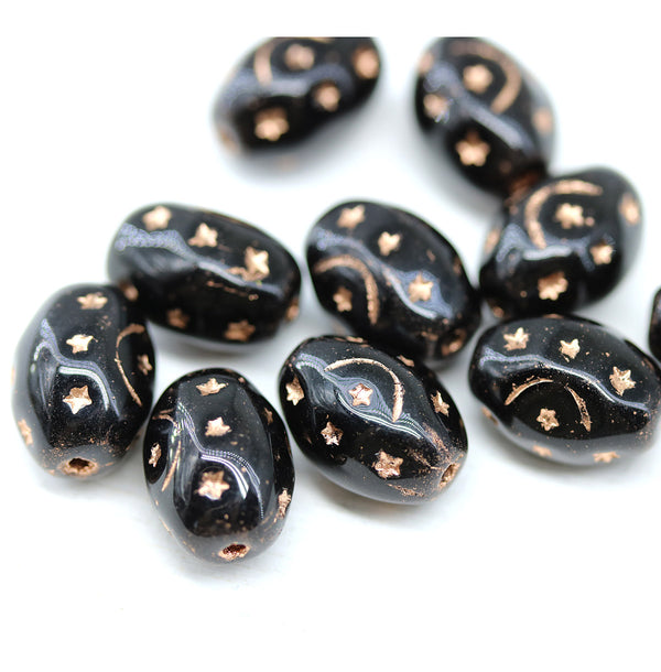 12x9mm Jet black barrel czech glass beads, copper ornaments, 10pc