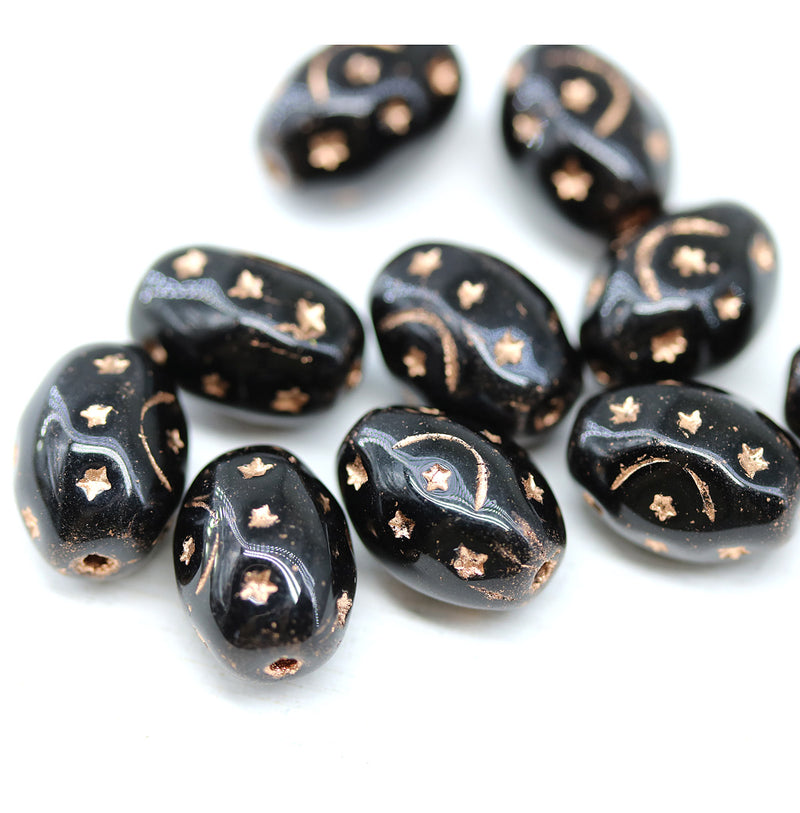 12x9mm Jet black barrel czech glass beads, copper ornaments, 10pc