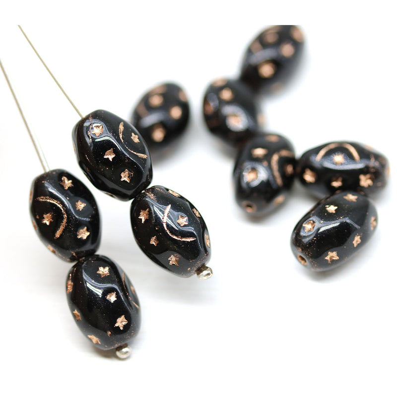 12x9mm Jet black barrel czech glass beads, copper ornaments, 10pc
