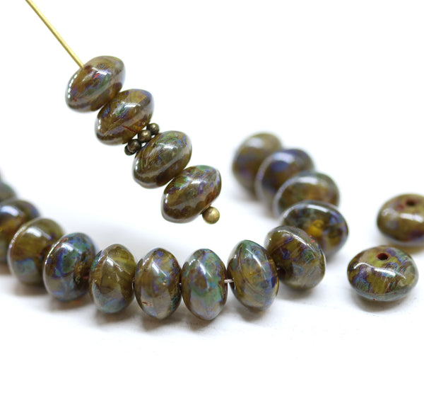 5x8mm Dark green Czech glass beads picasso rondels, 20Pc