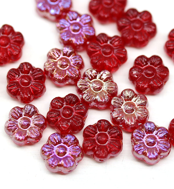 8mm Ruby red daisy flower czech glass beads, AB finish, 20pc
