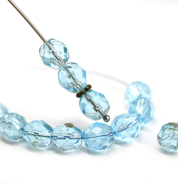 8mm Aqua blue Czech glass round fire polished beads aventurine 15pc