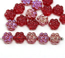 8mm Ruby red daisy flower czech glass beads, AB finish, 20pc