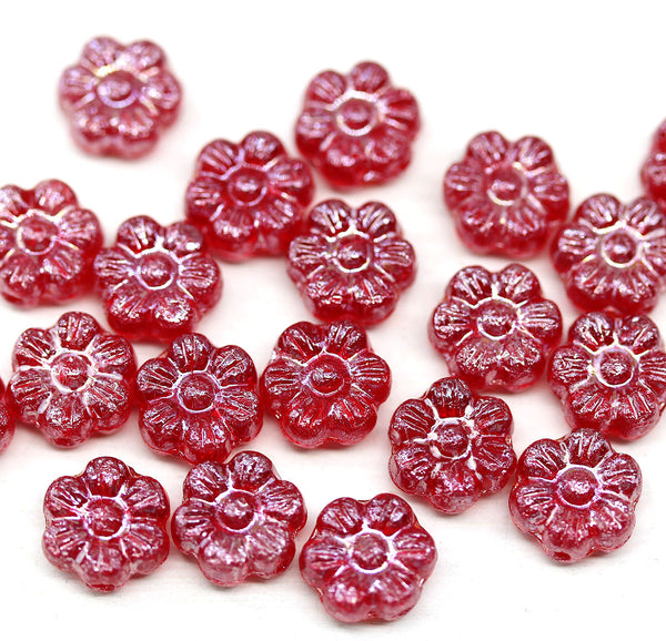 8mm Ruby red daisy flower czech glass beads, 20pc