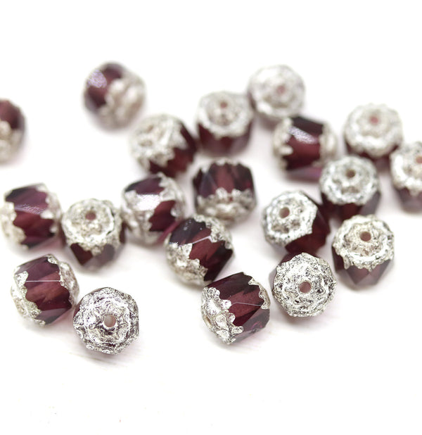 6mm Purple cathedral Czech glass beads silver ends 20Pc