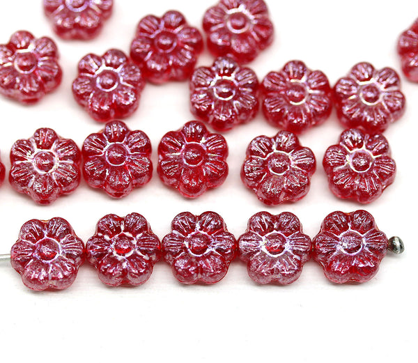 8mm Ruby red daisy flower czech glass beads, 20pc