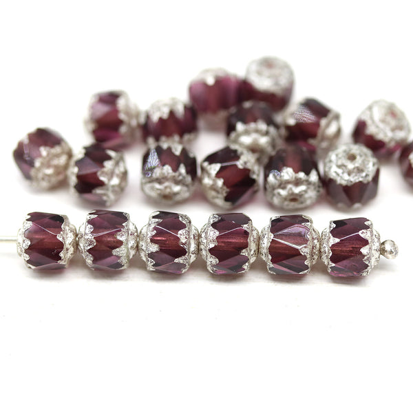 6mm Purple cathedral Czech glass beads silver ends 20Pc
