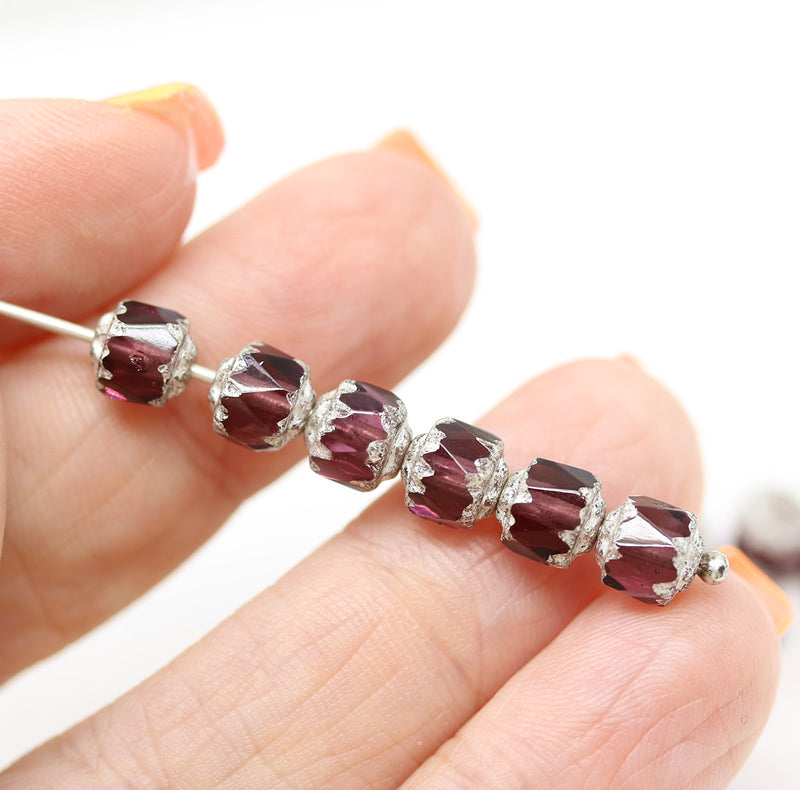 6mm Purple cathedral Czech glass beads silver ends 20Pc