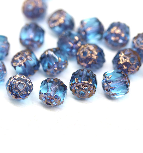 6mm Blue cathedral Czech glass beads copper ends 20Pc