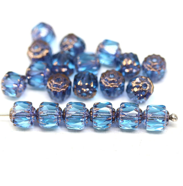 6mm Blue cathedral Czech glass beads copper ends 20Pc
