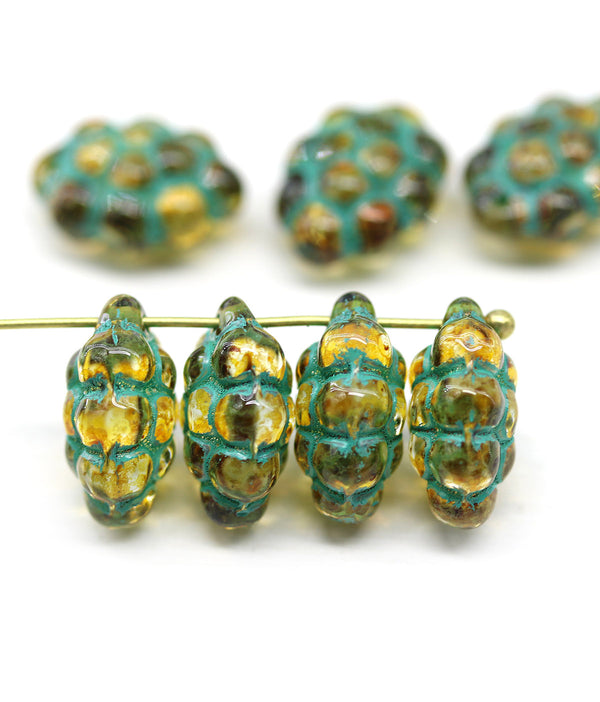 Olivine grape fruit picasso Czech glass beads, 8pc