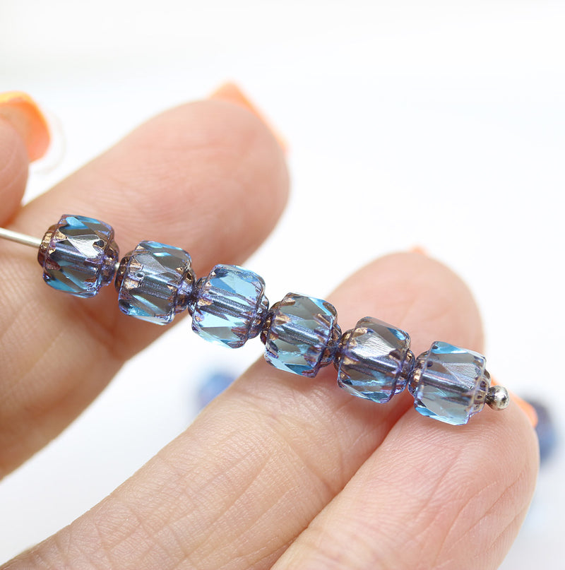 6mm Blue cathedral Czech glass beads copper ends 20Pc