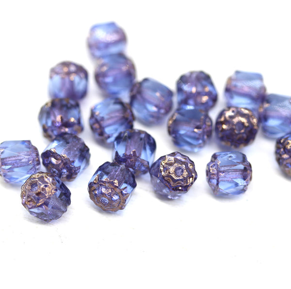 6mm Blue sapphire cathedral Czech glass beads copper ends 20Pc