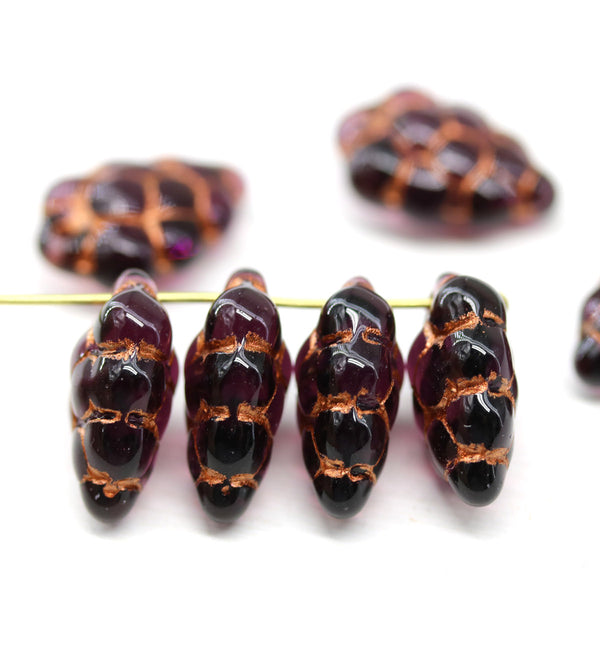 Purple grape fruit copper Czech glass beads, 8pc