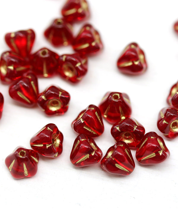 4x6mm Red czech glass flower caps, golden inlays 30pc