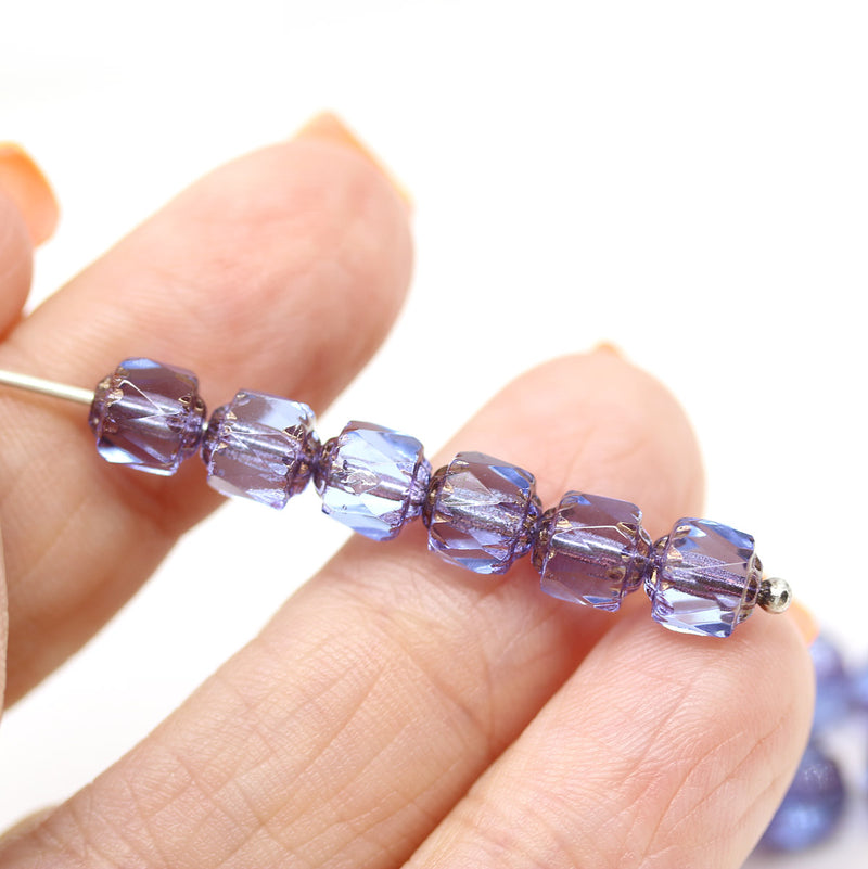 6mm Blue sapphire cathedral Czech glass beads copper ends 20Pc