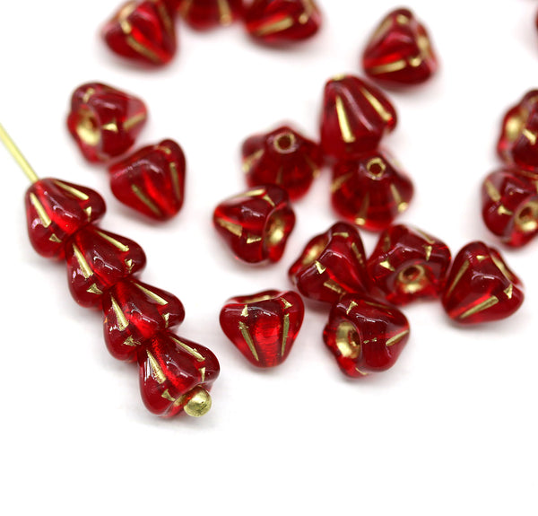 4x6mm Red czech glass flower caps, golden inlays 30pc