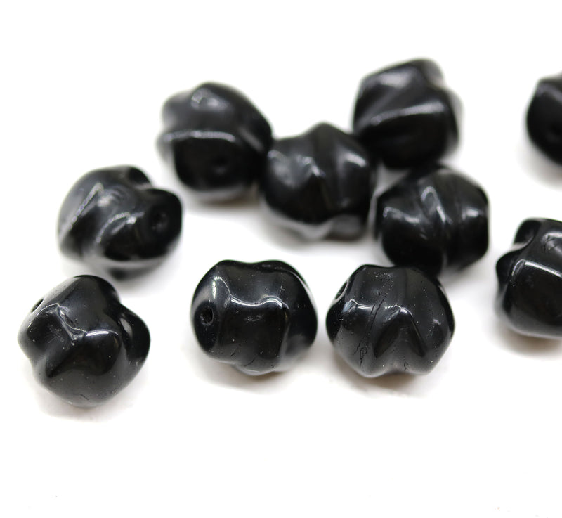 9mm Black baroque Czech glass pressed barrel beads, 10pc