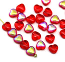 6mm Red green heart Czech glass beads, AB finish, 30pc