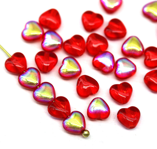 6mm Red green heart Czech glass beads, AB finish, 30pc