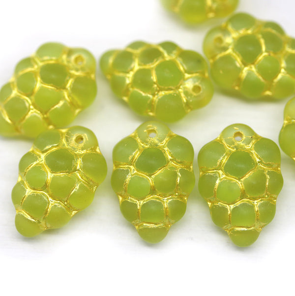 Frosted green gold inlays grape fruit Czech glass beads, 8pc