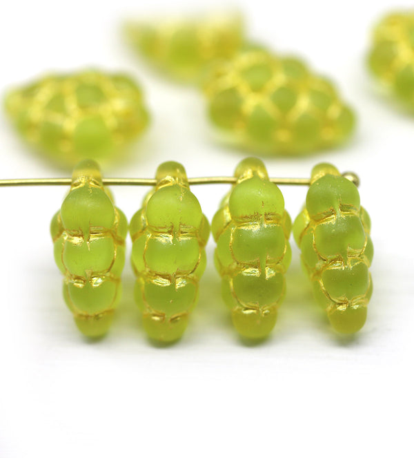 Frosted green gold inlays grape fruit Czech glass beads, 8pc