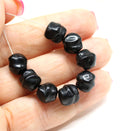 9mm Black baroque Czech glass pressed barrel beads, 10pc