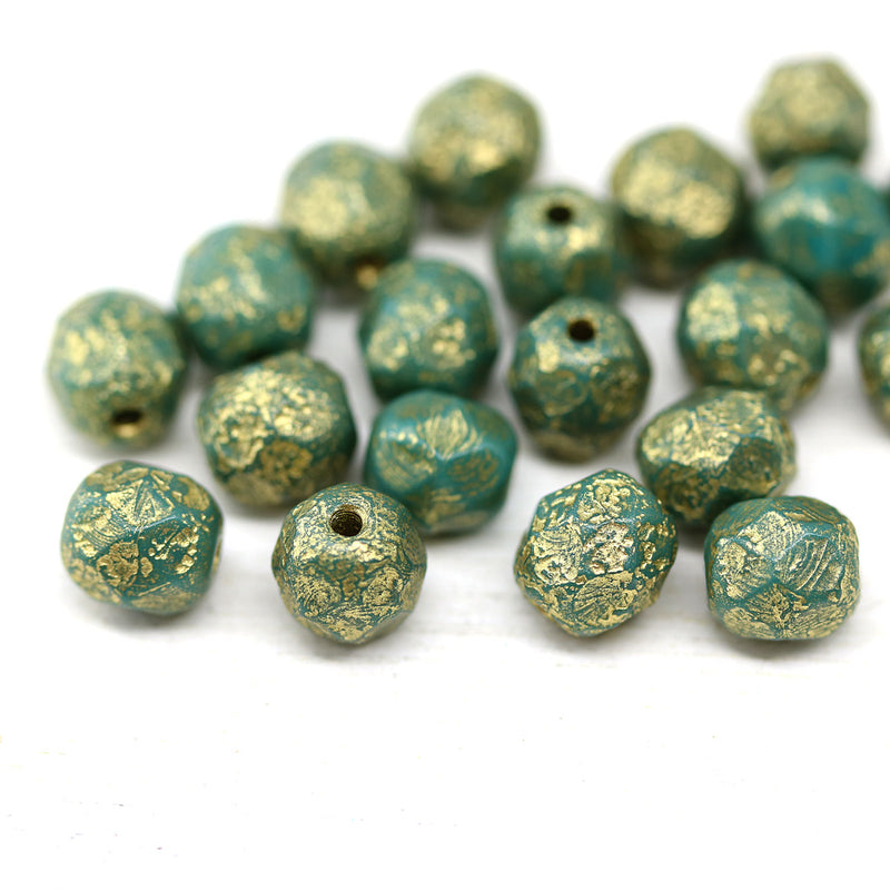 6mm Turquoise green gold wash fire polished round czech glass beads, 20pc