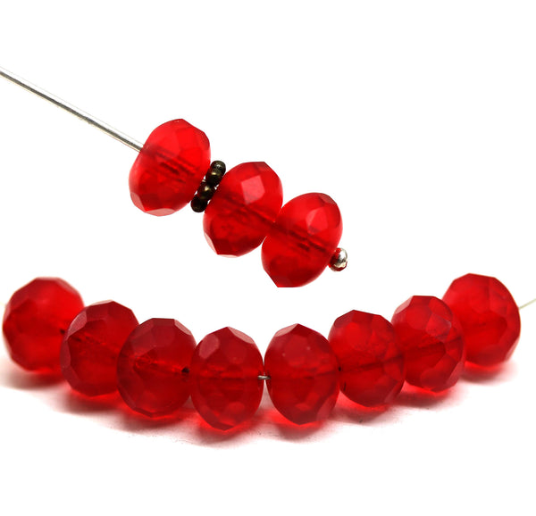 6x9mm Frosted red Czech glass rondelle beads - 12Pc