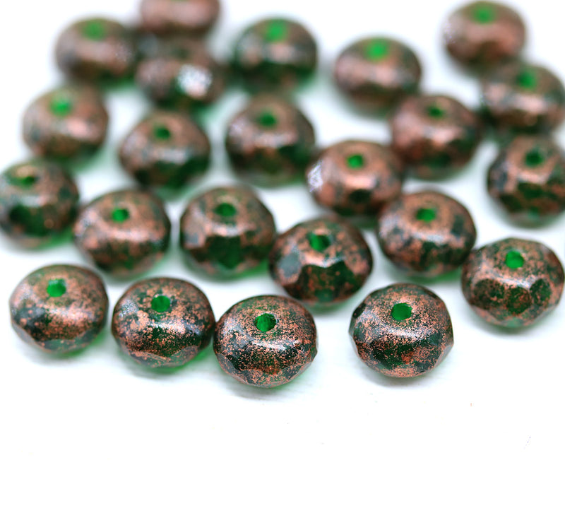 4x7mm Emerald green copper wash rondelle beads Czech glass - 25pc