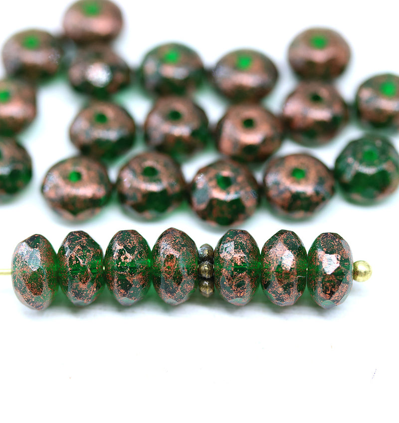 4x7mm Emerald green copper wash rondelle beads Czech glass - 25pc