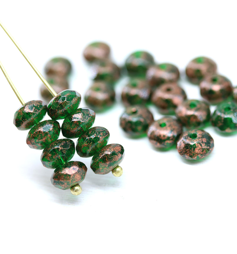 4x7mm Emerald green copper wash rondelle beads Czech glass - 25pc