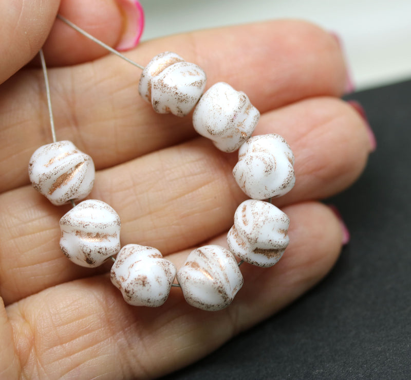 9mm White baroque Czech glass pressed barrel beads, old patina finish, 10pc