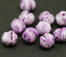 9mm White baroque Czech glass pressed barrel beads, purple wash, 10pc