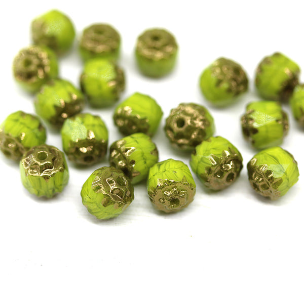 6mm Wasabi green cathedral Czech glass beads golden ends 20Pc