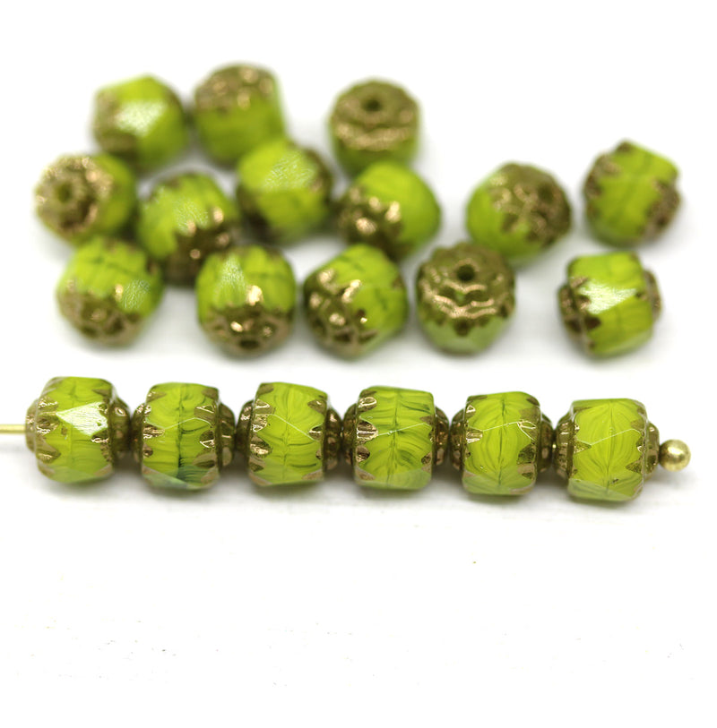 6mm Wasabi green cathedral Czech glass beads golden ends 20Pc