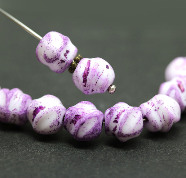 9mm White baroque Czech glass pressed barrel beads, purple wash, 10pc