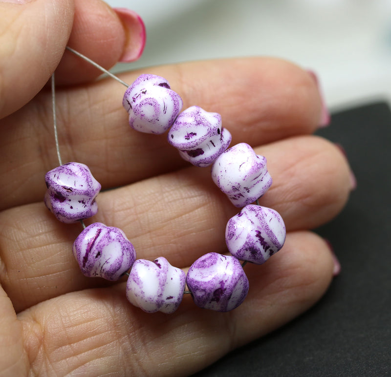 9mm White baroque Czech glass pressed barrel beads, purple wash, 10pc