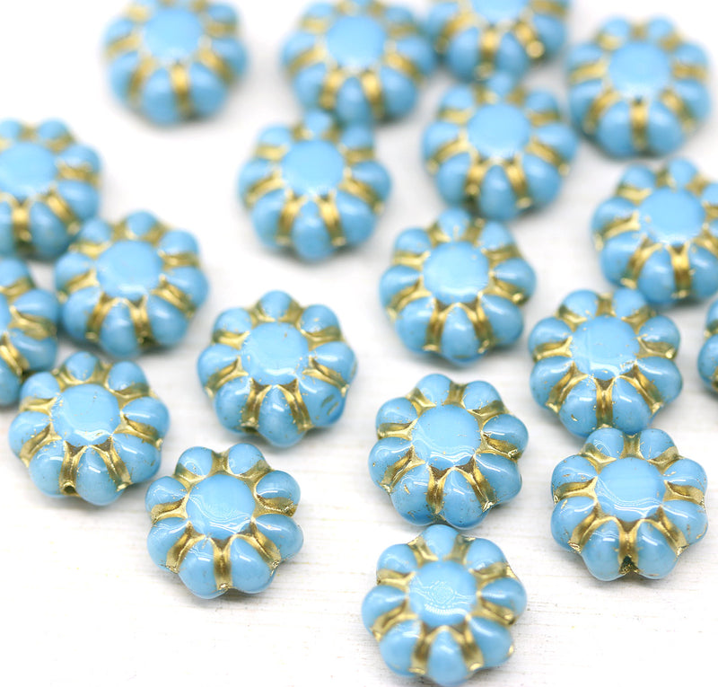 9mm Blue golden inlays Czech glass daisy flower beads, 20pc
