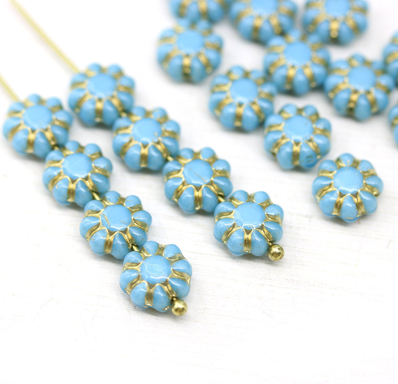 9mm Blue golden inlays Czech glass daisy flower beads, 20pc