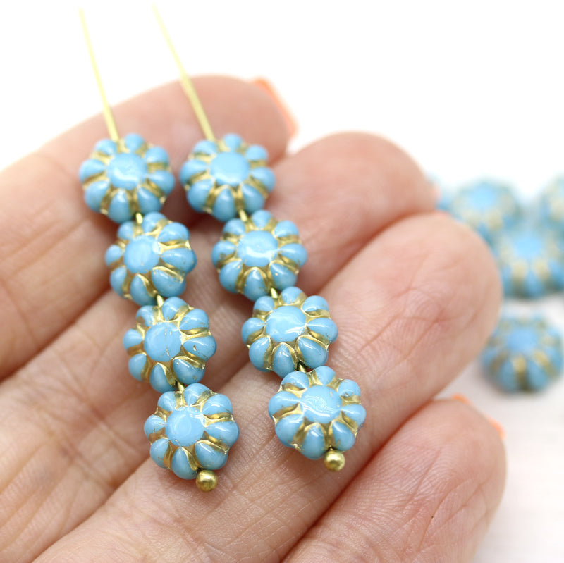 9mm Blue golden inlays Czech glass daisy flower beads, 20pc
