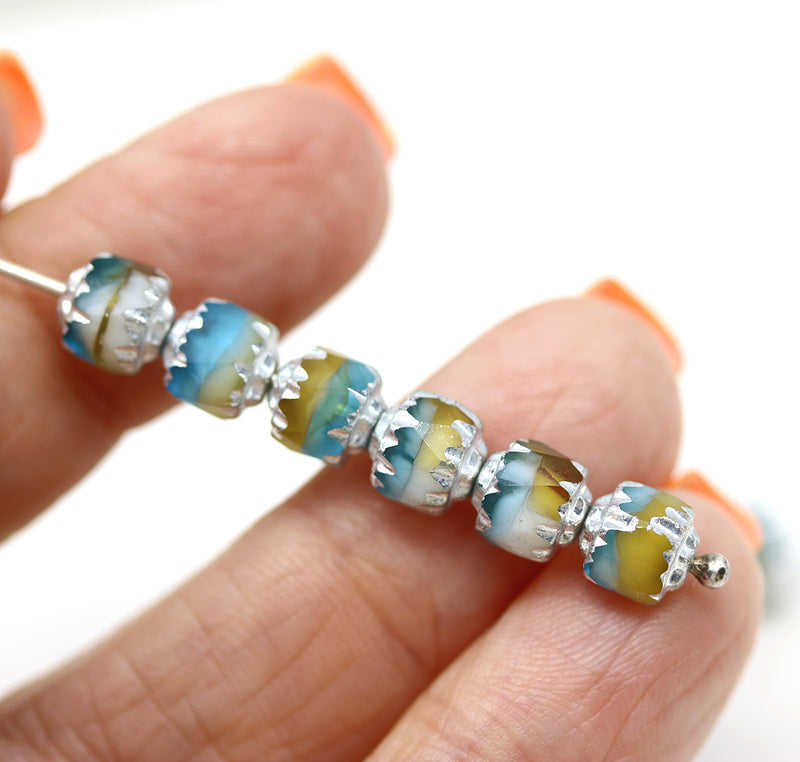 6mm Blue yellow cathedral Czech glass beads 20Pc