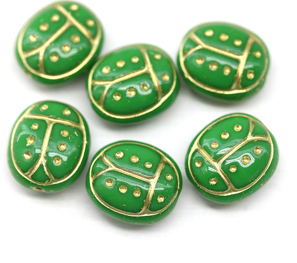 Ladybug beads Green Gold Czech glass