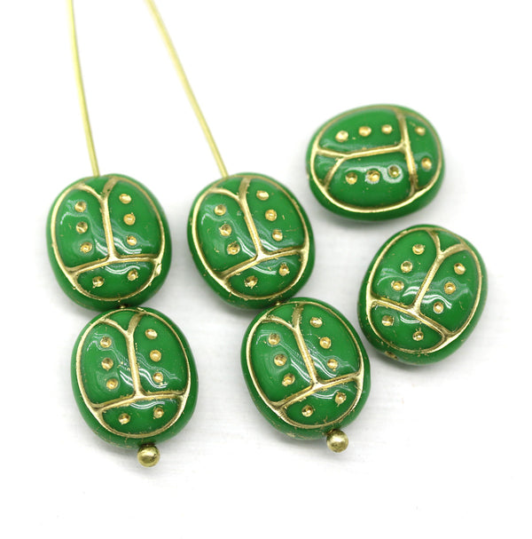 Ladybug beads Green Gold Czech glass