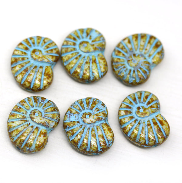 13x17mm Picasso Czech glass ammonite beads, fossil 