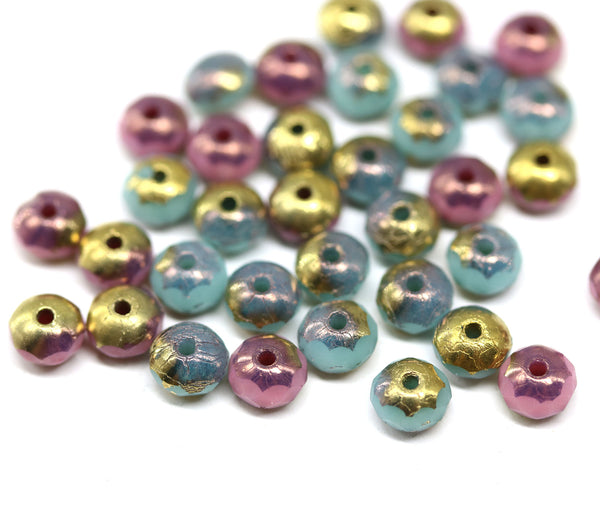 3x5mm Turquoise blue pink rondelle fire polished Czech glass beads mix, 40pc