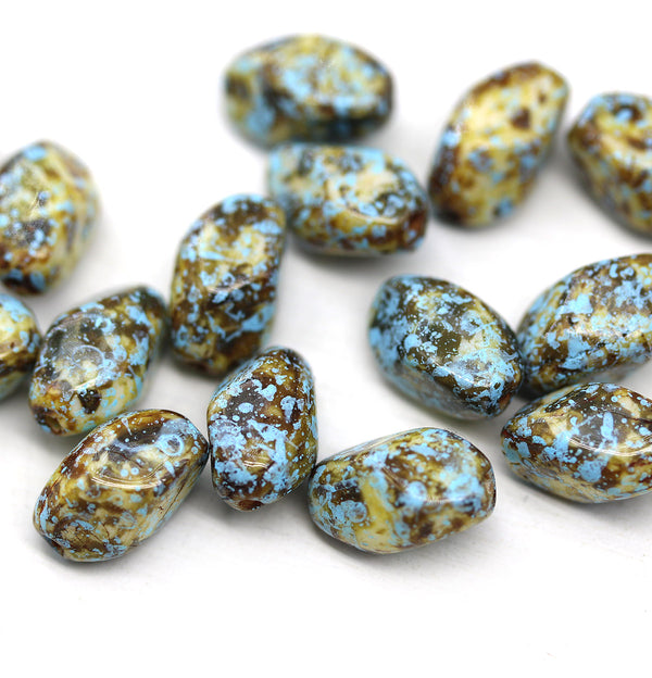 11x7mm Picasso rustic czech glass barrel beads blue luster